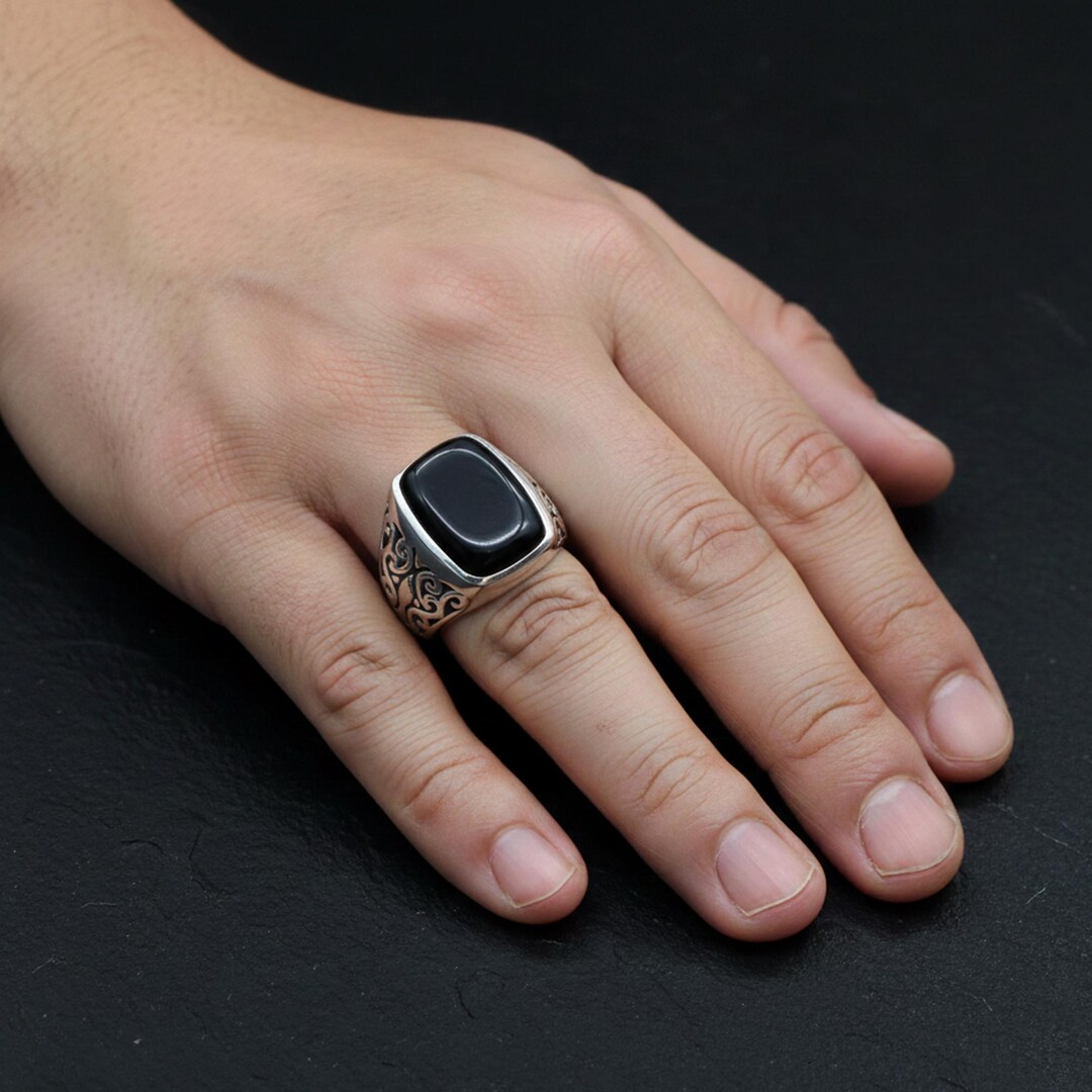 Men's Sterling Silver 925 Signet Ring With Black Rectangular Onyx