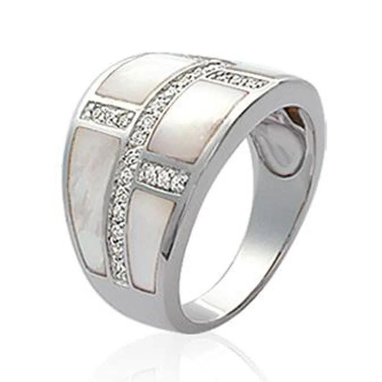 Bague Large Nacre Et Zircon Argent 925 - Taille 52 à 62 - Style Art Déco - Neuf Avec étiquettes