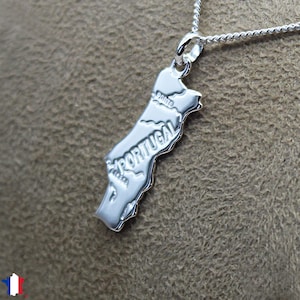 Pendentif Argent 925 carte du Portugal, disponible avec ou sans chaîne argent massif maille gourmette taille: de 38 à 60 centimètres.