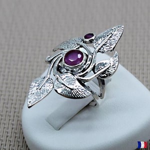 Bague rubis argent 925 massif motif feuilles – Bijou femme élégant & romantique