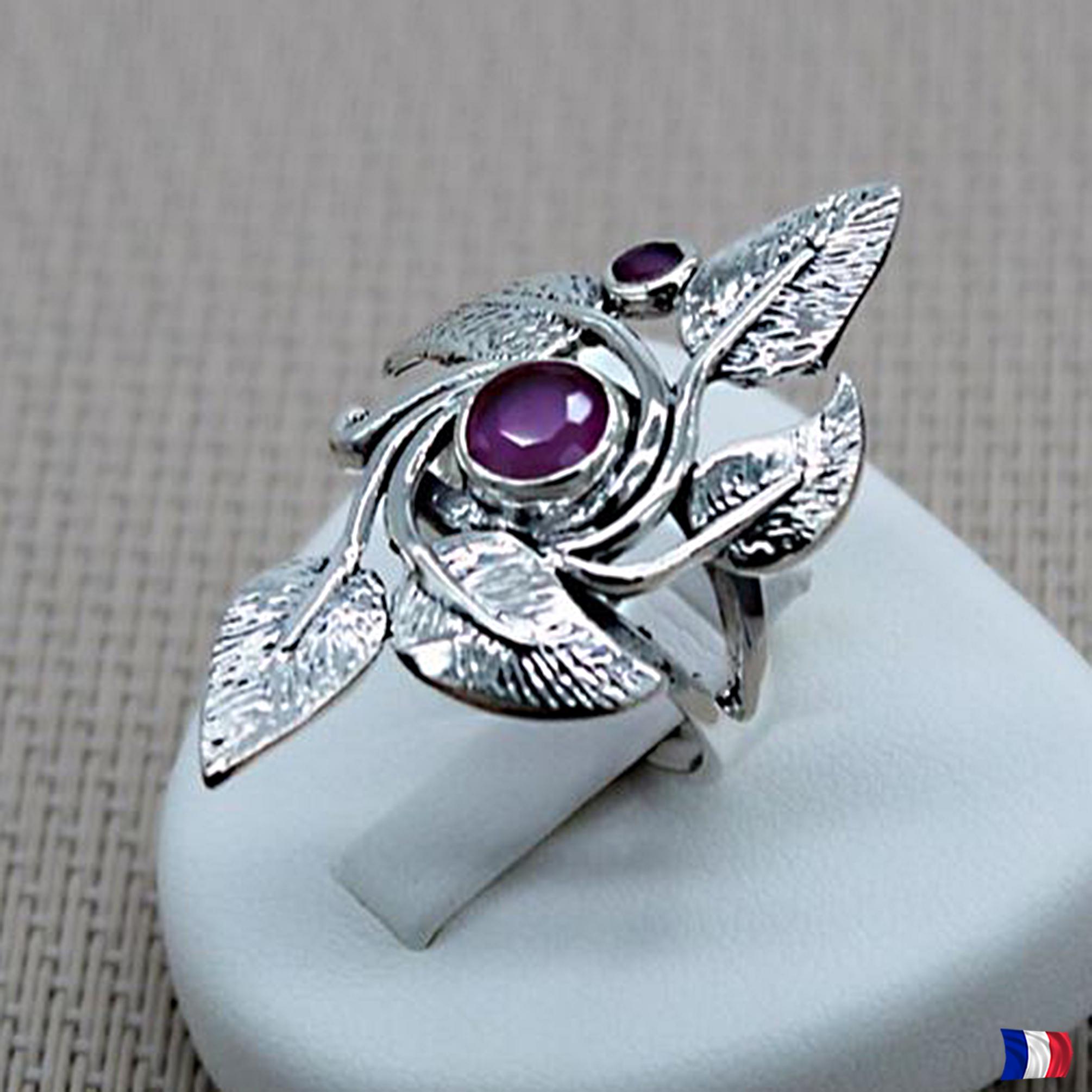Bague Femme Argent 925 Avec Rubis Naturel - Motif Feuilles - Taille 52