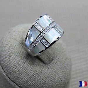 Mother of Pearl Zirconia Ring 925 Silver. Wide Band Elegant Natural Women. Size 52-62.