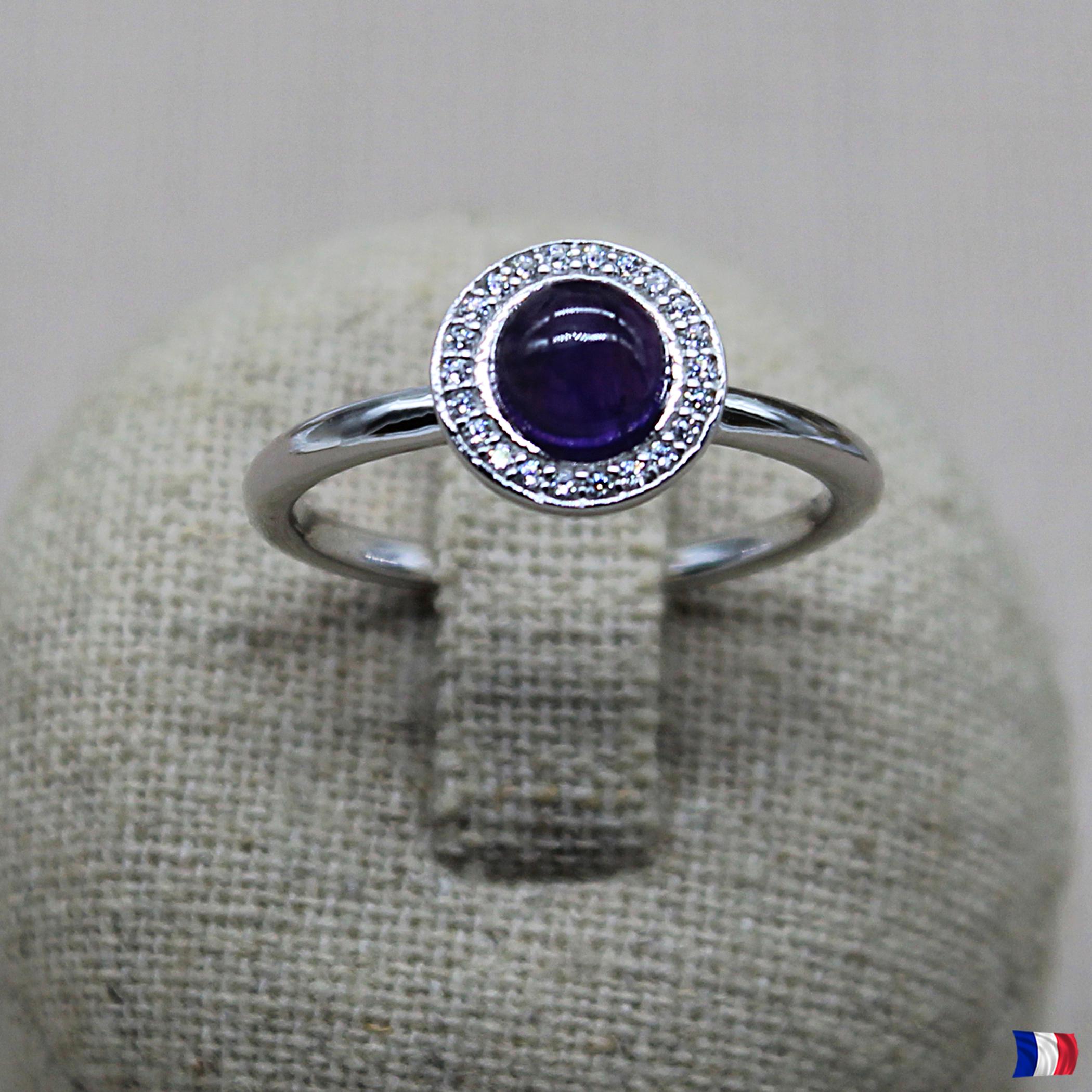 Bague Créateur Femme - Cabochon Améthyste Sur Monture Argent Cerclé Or - Occasion