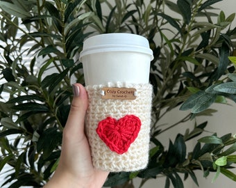 Valentines Day heart crochet coffee cup cozy, reusable cup sleeve, Valentines Day gift for her, teacher nurse gift, valentines drink coozy