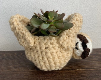 Crochet sloth planter, hanging sloth planter, sloth plant hanger, succulent planter, home office decor, desk table decor, sloth plant holder