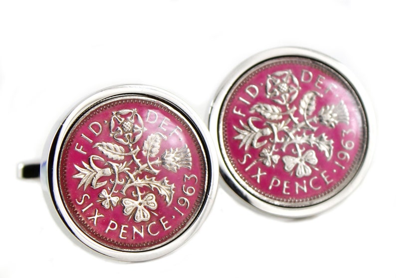 Hand Painted Enamel Coloured Lucky Sixpence Cufflinks choice of year from 1937 to 1970 Choice of 8 color