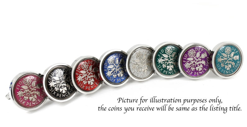 Hand Painted Enamel Coloured Lucky Sixpence Cufflinks choice of year from 1937 to 1970 Choice of 8 color