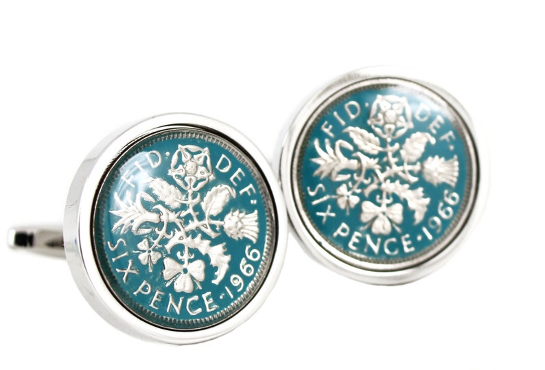 Hand Painted Enamel Coloured Lucky Sixpence Cufflinks choice of year from 1937 to 1970 Choice of 8 color