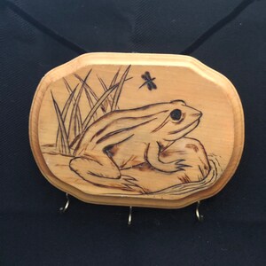 May include: A wooden key holder with a woodburned design of a frog sitting on a rock with a dragonfly flying above. The key holder has three hooks.
