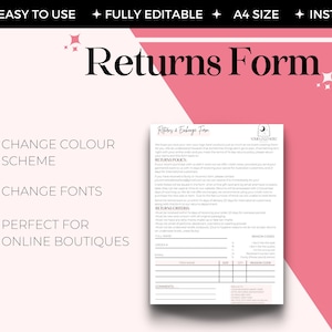 Puede incluir: Una plantilla de formulario de devolución imprimible en rosa y blanco para boutiques online. El formulario incluye secciones para la información del cliente, los detalles del pedido, los códigos de motivo y los comentarios. El texto del formulario dice "Formulario de devoluciones e intercambios".