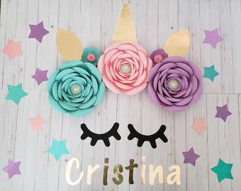 Unicorn paper flowers, backdrop display, set paper flowers, unicorn party, room decor, nursery, baby shower, birthday, girl, unicorn theme