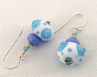 SRA made Glass Lampwork bead earrings, sterling silver, periwinkle blue, white, turquoise, etched glass