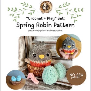 以下が含まれることがあります： 春のロビンをモチーフにした、グレーと赤のロビンが黄色いクチバシで青い卵2つが置かれた巣に座っている様子の、かぎ針編みのパターンです。パターンには緑の卵2つとピンクのミミズも含まれています。画像の上部には「Crochet + Play」Set: Spring Robin Pattern」というテキストが、下部には「NO-SEW pattern」というテキストがあります。