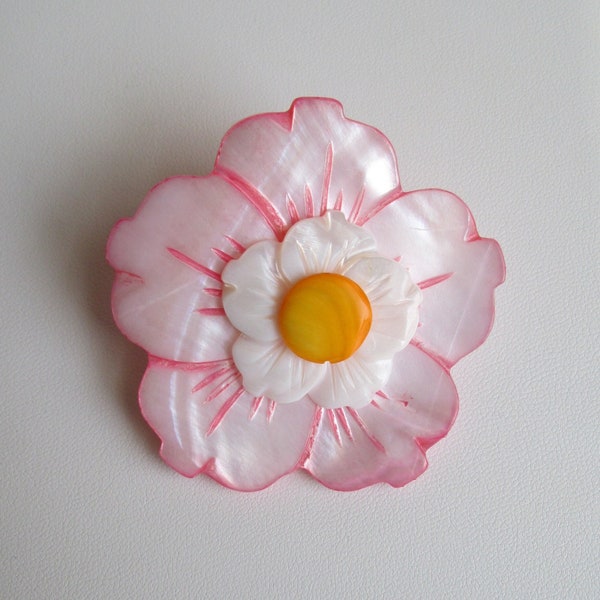 Carved Pink, White & Yellow Mother-of-Pearl Flower Barrette #4
