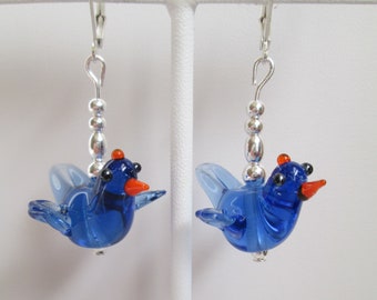 Blue, Black and Orange Lampworked Glass Bluebird and Sterling Silver Earrings #2