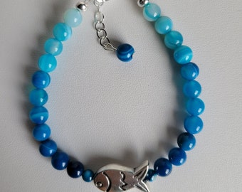 Blue Banded Agate, Silver-tone Fish & Sterling Bracelet #2306