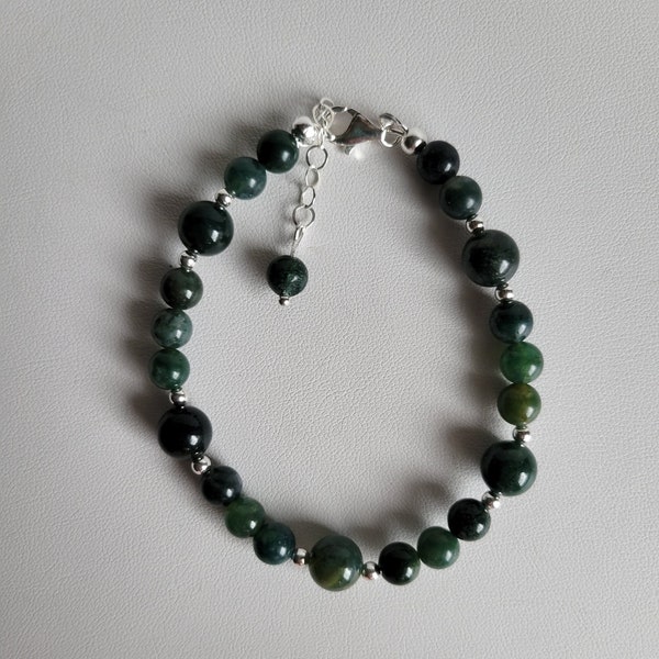 Moss Agate (Dark green) Gemstone & Sterling Bracelet #2309