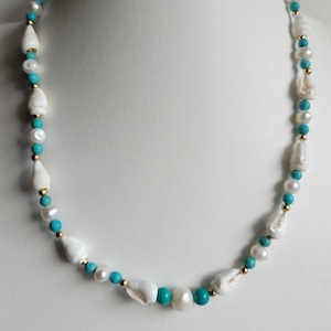 Necklace Turquoise, White Freshwater Pearl, Conch Shells, Gold-tone 18&quot; Necklace #2305
