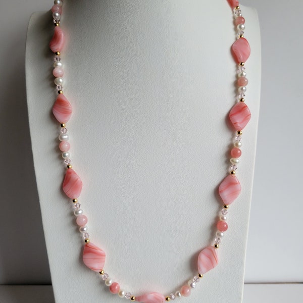 Pink (Coral) Opaque Glass, Freshwater Pearls, Swarovski Crystal, Pink Jade & Gold-plated Brass 23" Necklace #2405