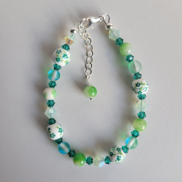 Green Hodge-podge Porcelain Flower Beads, Swarovski Crystal, Jade/Quartz Gemstones, Czech Crystal & Sterling Bracelet #2401