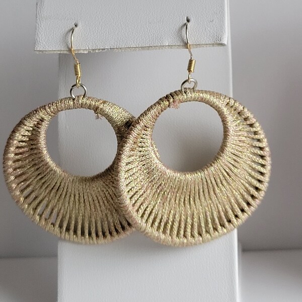 Gold (tan) Metallic Fabric Gogo & Gold Statement Earrings #2304