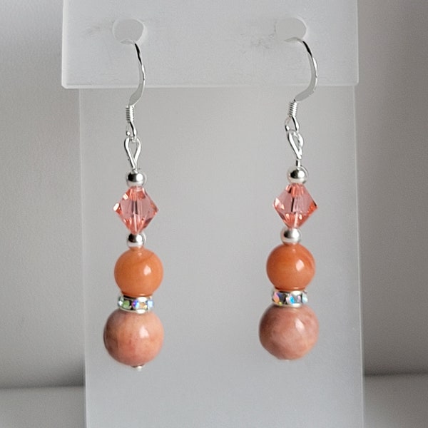 Swarovski Rose Peach Crystal, Peach Rose (Pink Jade) Gemstone & Sterling Earrings #2306