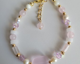 Bracelet Pink Sea Glass, Freshwater Pearls, Rose Quartz Gemstones, White Agate & Crystal Gold-plated Bracelet #2305