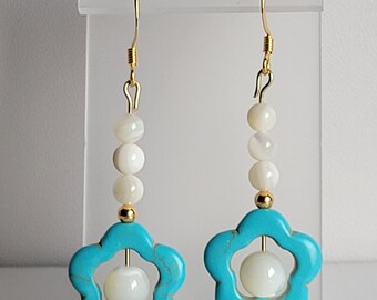 Turquoise Blue Magnesite Flowers & White Mother-of-Pearl Beads, Gold-plated Earrings #2308