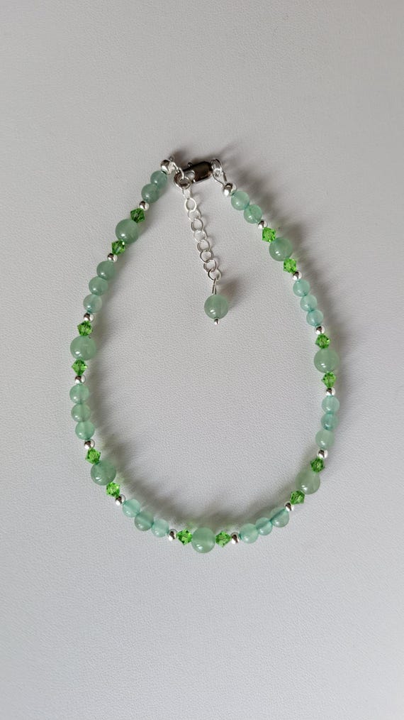 Green Aventurine Gemstone, Crystal Sterling Silver Anklet #2506