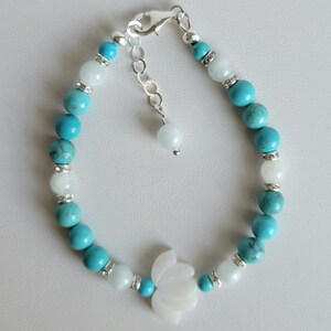 Turquoise Gemstone, Celestite Gemstone, Crystal, Mother-of-Pearl Lotus Flower & Sterling Silver Chakra (Throat) Bracelet #2308