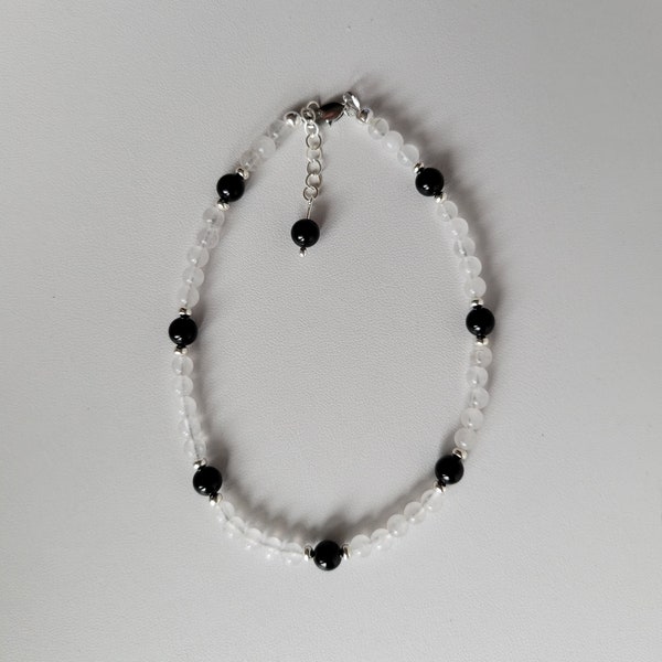 Snow Quartz, Black Onyx & Sterling Silver Anklet #2308