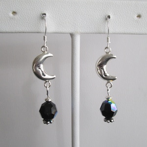 Black AB Swarovski  Crystal and Sterling Silver Crescent Moon Earrings #1