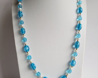 Aqua Lampworked Glass, Freshwater Pearls & Gold-plated 23.5" Necklace #2405