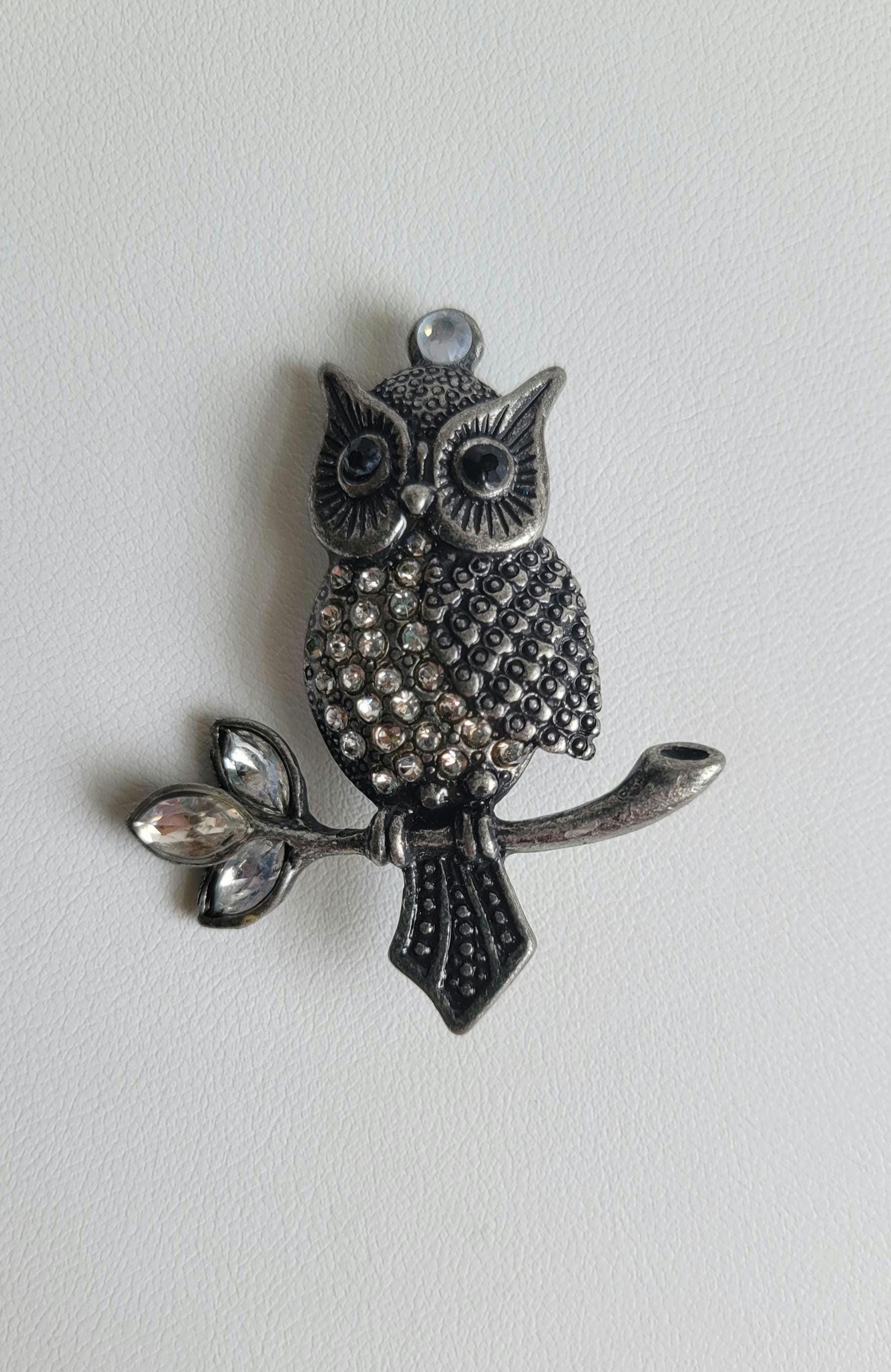 Pewter Tone Owl on Branch w/ Rhinestones Brooch #2411 #2512 (2)