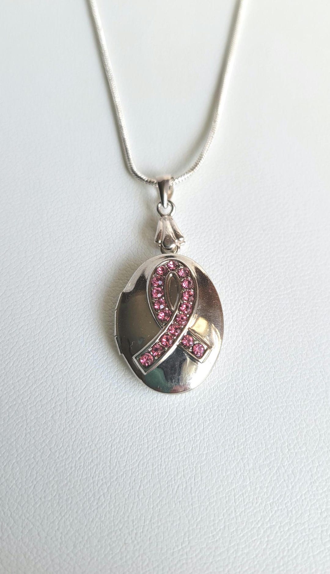 Breast Cancer - Silver-tone Oval Locket W/ Pink Rhinestone Ribbon on ...