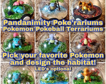 Custom Poke'rarium! Pokemon Pokeball Terrarium! 3in, 4in and 6in ball w/ clear acrylic stand, LED's optional!