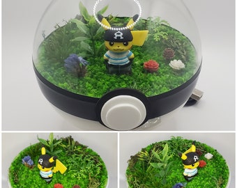 Pikachu Team Aqua outfit, Poke'rarium 4in, with LEDs, Pokemon PokeBall Terrarium with stand. Multifunctional remote with battery included.