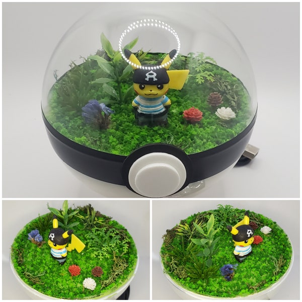 Pikachu Team Aqua outfit, Poke'rarium 4in, with LEDs, Pokemon PokeBall Terrarium with stand. Multifunctional remote with battery included.