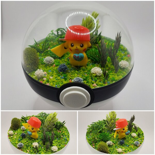 Pikachu Heart Ash Hat Poke'rarium 4in, Pokemon PokeBall Terrarium, with stand