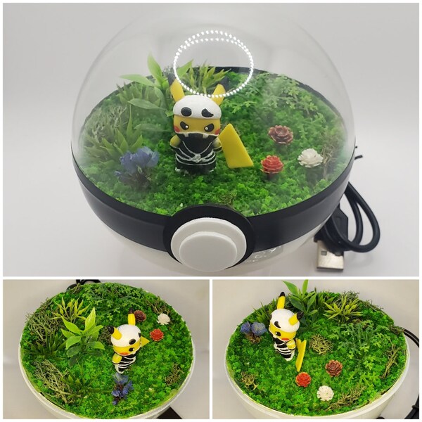 Pikachu Team Skull outfit, Poke'rarium 4in, with LEDs, Pokemon PokeBall Terrarium, with stand. Multifunctional remote with battery included.