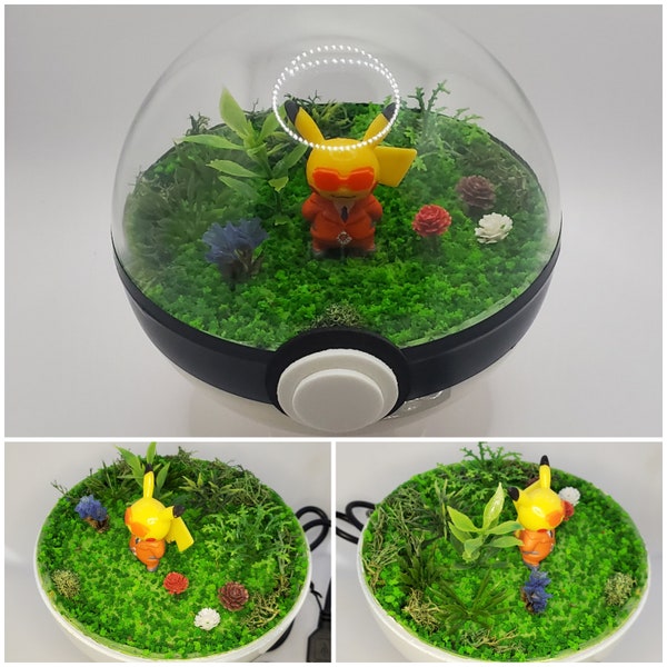 Pikachu Team Flare outfit, Poke'rarium 4in, with LEDs, Pokemon PokeBall Terrarium, with stand. Multifunctional remote with battery included.