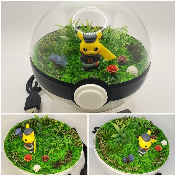 Pikachu Team Rocket outfit, Poke'rarium 4in with LEDs, Pokemon PokeBall Terrarium, with stand. Multifunctional remote with battery included.