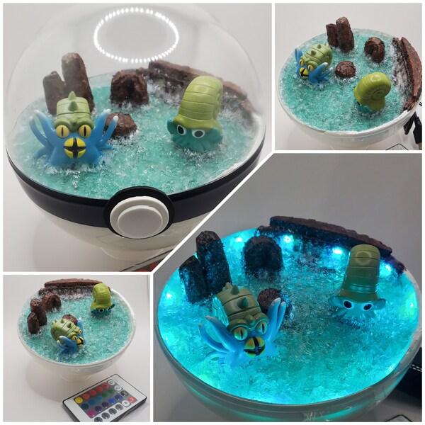 Omanyte & Omastar Poke'rarium 6in w USB LEDs, Pokemon PokeBall Terrarium, with stand. Multifunctional remote w battery included.