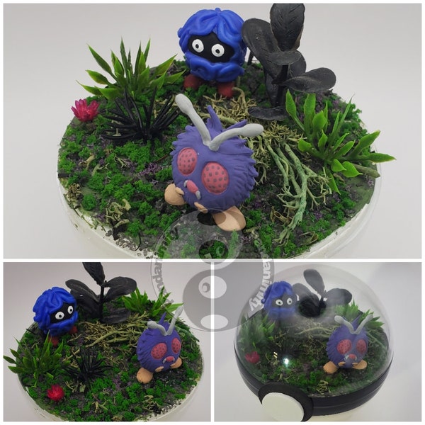 Tangela and Venonat Poke'rarium 3in, Pokemon PokeBall Terrarium, with stand