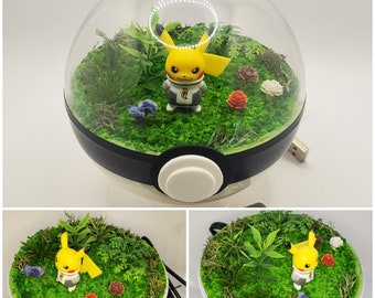 Pikachu Team Galactic outfit, Poke'rarium 4in with LEDs, Pokemon PokeBall Terrarium, w/stand. Multifunctional remote with battery included.