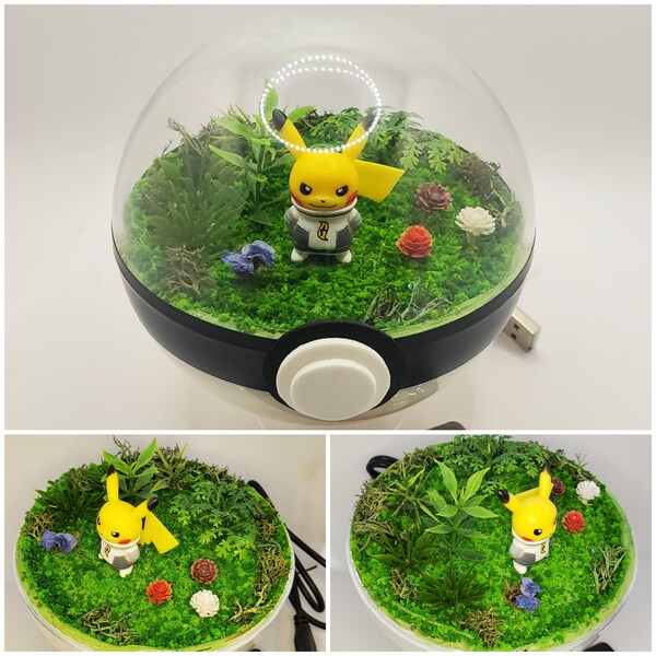 Pikachu Team Galactic outfit, Poke'rarium 4in with LEDs, Pokemon PokeBall Terrarium, w/stand. Multifunctional remote with battery included.