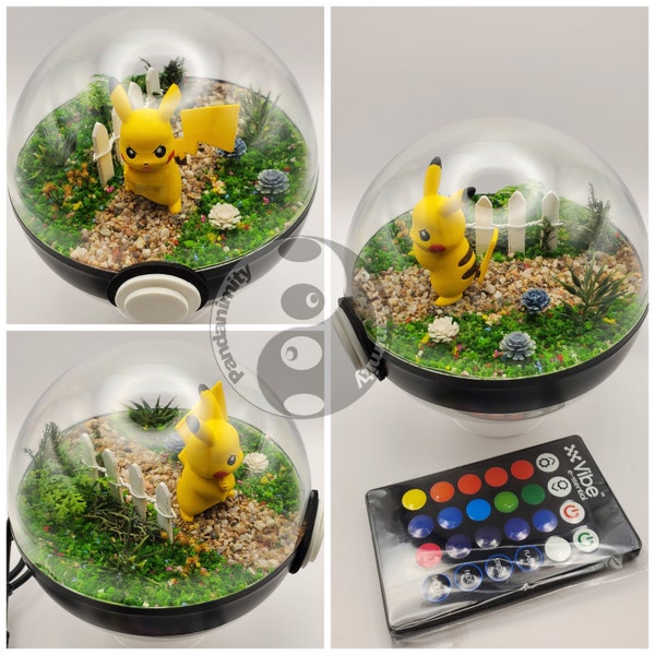 Pikachu Poke'rarium 4in, with LEDs, Pokemon PokeBall Terrarium, with stand. Multifunctional remote with battery included.