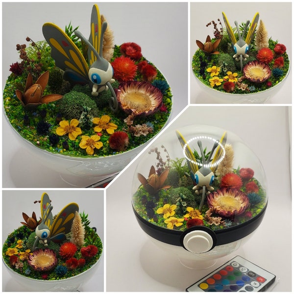 Beautifly Poke'rarium 6in w USB LEDs, Pokemon PokeBall Terrarium, with stand. Multifunctional remote w battery included.