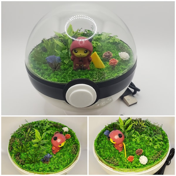 Pikachu Team Magma outfit, Poke'rarium 4in, with LEDs, Pokemon PokeBall Terrarium with stand. Multifunctional remote with battery included.