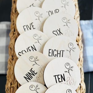 Marqueur d'étape fleur mensuelle pour bébé, cartes d'étape pour bébé de 1 à 12 mois, disques d'étape en bois mensuels, signes du mois de bébé en bois gravés